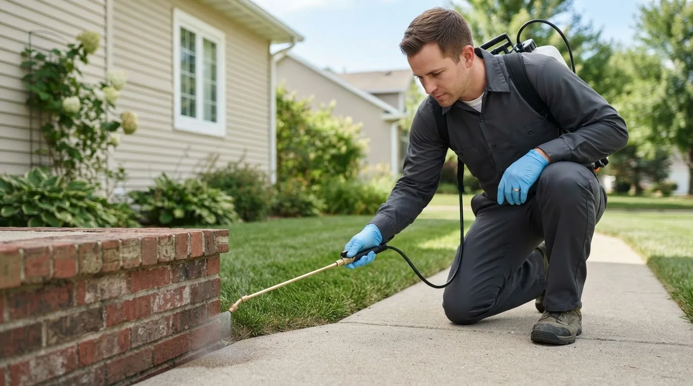 Pest control technician treating a home near Windsor, MO